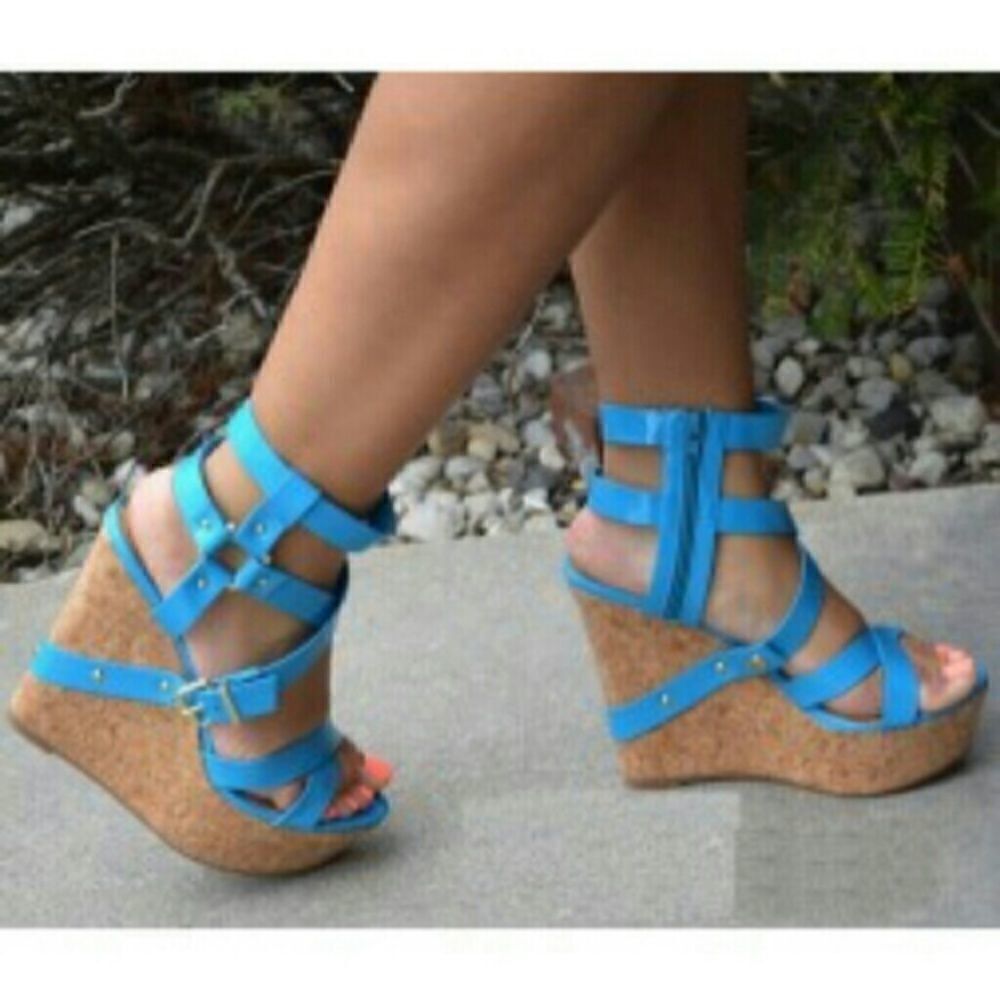Blue Strappy cork wedge sandal New in box